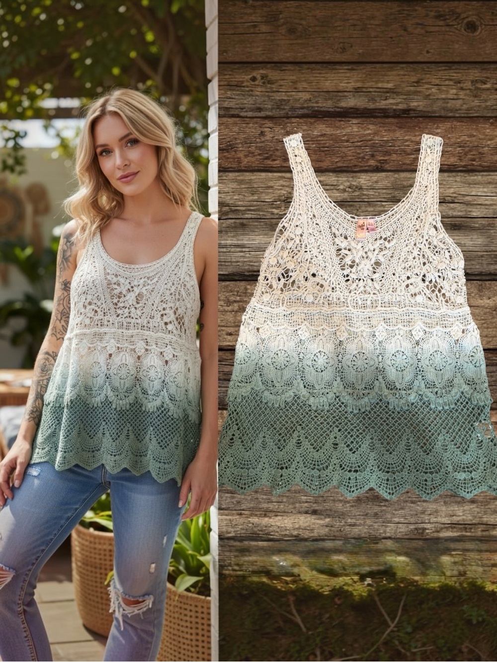 Dolled Up Crochet Ombre Tank Top - Cream and Sage Green